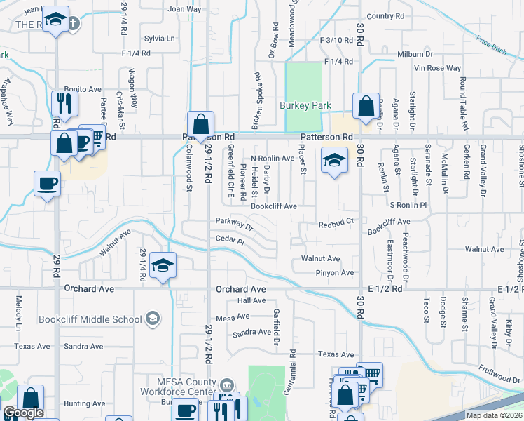 map of restaurants, bars, coffee shops, grocery stores, and more near 2963 Bookcliff Avenue in Grand Junction