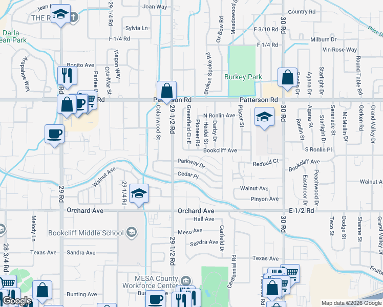 map of restaurants, bars, coffee shops, grocery stores, and more near 2959 1/2 Bookcliff Avenue in Grand Junction