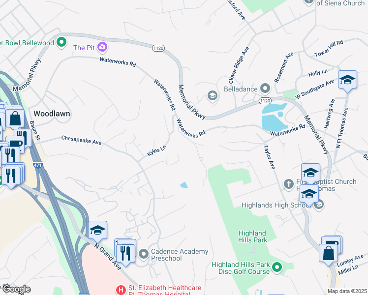 map of restaurants, bars, coffee shops, grocery stores, and more near 148 Park Place in Fort Thomas