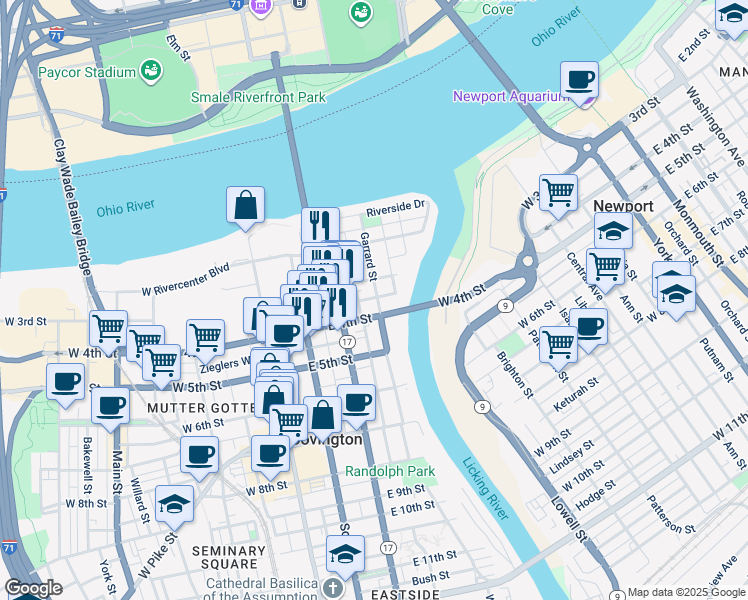 map of restaurants, bars, coffee shops, grocery stores, and more near 309 Garrard Street in Covington