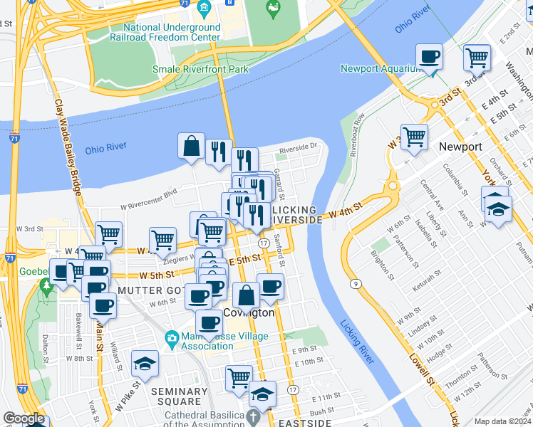 map of restaurants, bars, coffee shops, grocery stores, and more near 309 Garrard Street in Covington