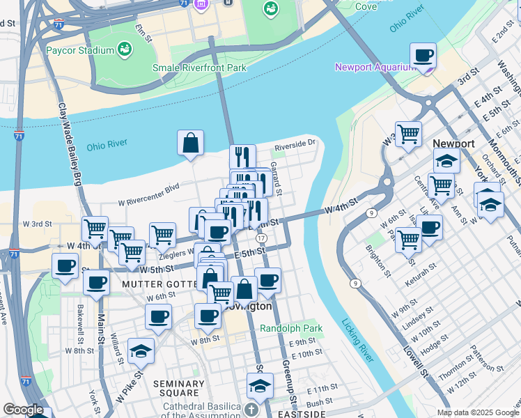 map of restaurants, bars, coffee shops, grocery stores, and more near 309 Garrard Street in Covington