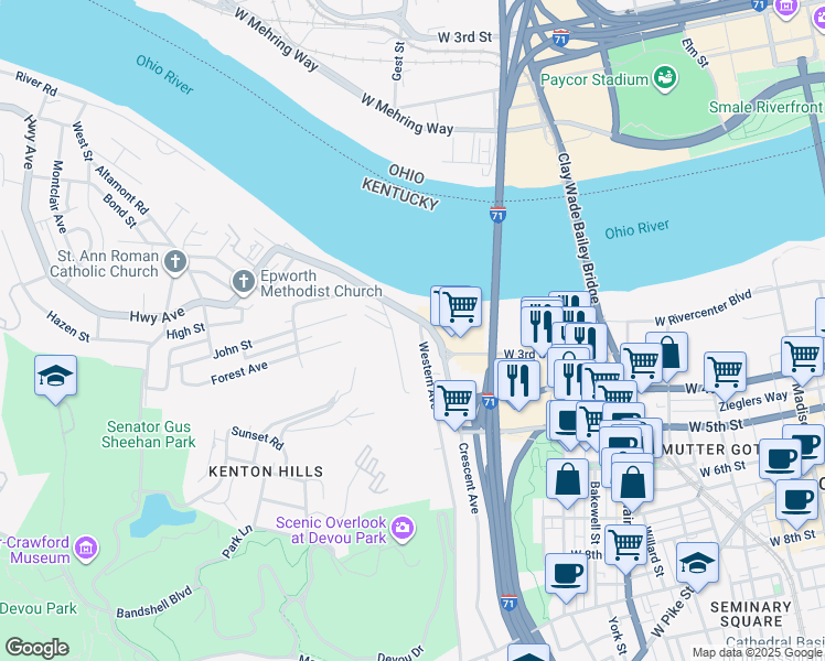 map of restaurants, bars, coffee shops, grocery stores, and more near 214 Wright Street in Covington