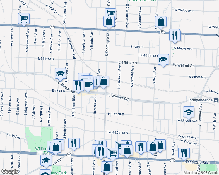 map of restaurants, bars, coffee shops, grocery stores, and more near 1714 South Sterling Avenue in Independence