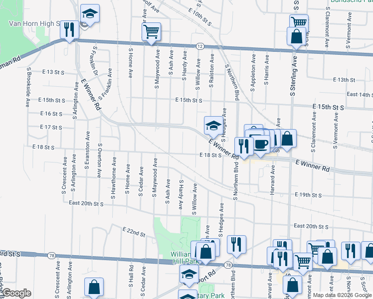 map of restaurants, bars, coffee shops, grocery stores, and more near 1735 South Hardy Avenue in Independence