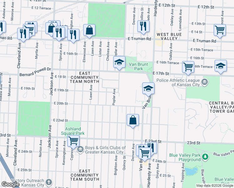 map of restaurants, bars, coffee shops, grocery stores, and more near 1835 Poplar Avenue in Kansas City