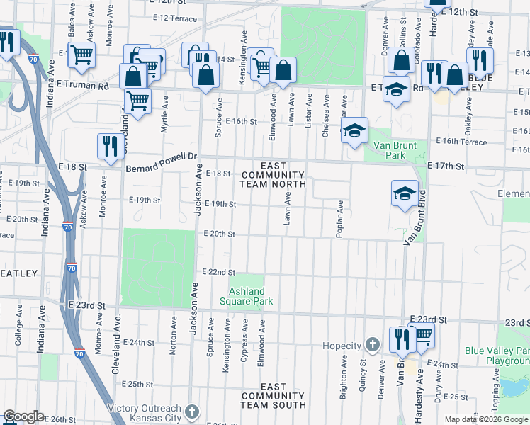 map of restaurants, bars, coffee shops, grocery stores, and more near 4505 East 19th Street in Kansas City