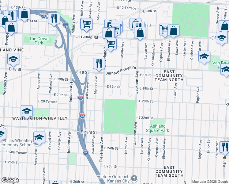map of restaurants, bars, coffee shops, grocery stores, and more near in Kansas City