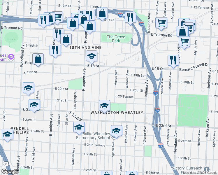 map of restaurants, bars, coffee shops, grocery stores, and more near 1911 Kansas Avenue in Kansas City