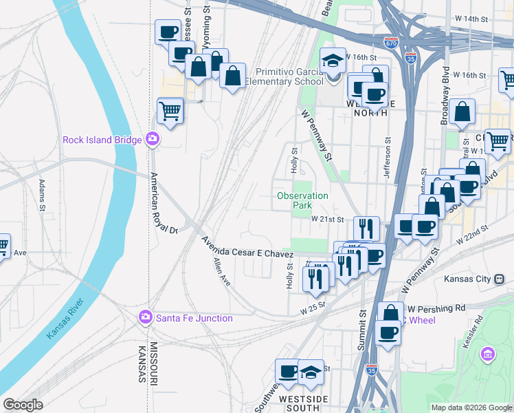 map of restaurants, bars, coffee shops, grocery stores, and more near 1317 West 20th Terrace in Kansas City