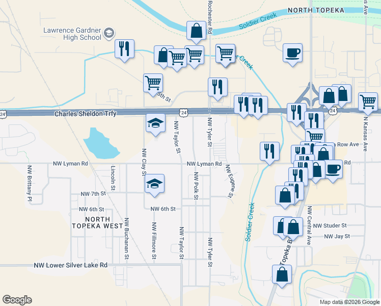 map of restaurants, bars, coffee shops, grocery stores, and more near 2244 Northwest Polk Street in Topeka
