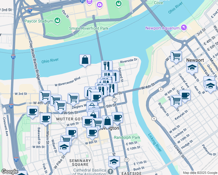 map of restaurants, bars, coffee shops, grocery stores, and more near 127 East 3rd Street in Covington