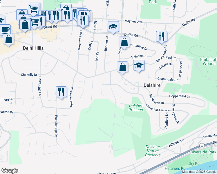 map of restaurants, bars, coffee shops, grocery stores, and more near 265 Pedretti Avenue in Cincinnati