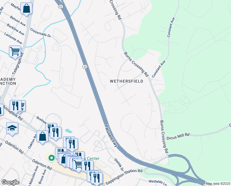 map of restaurants, bars, coffee shops, grocery stores, and more near 1505 King Philip Circle in Severn