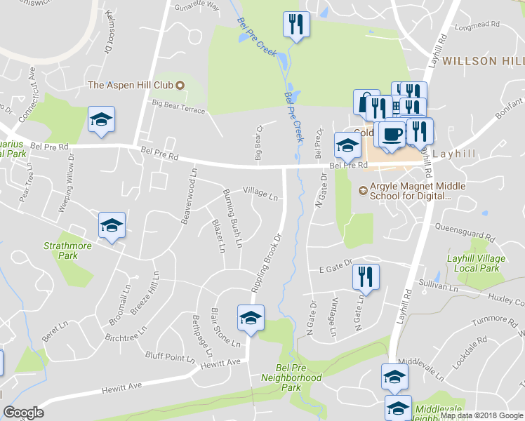 map of restaurants, bars, coffee shops, grocery stores, and more near 14117 Heritage Lane in Silver Spring