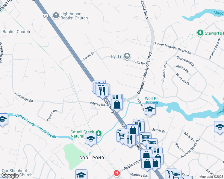 map of restaurants, bars, coffee shops, grocery stores, and more near 345 Ritchie Highway in Severna Park