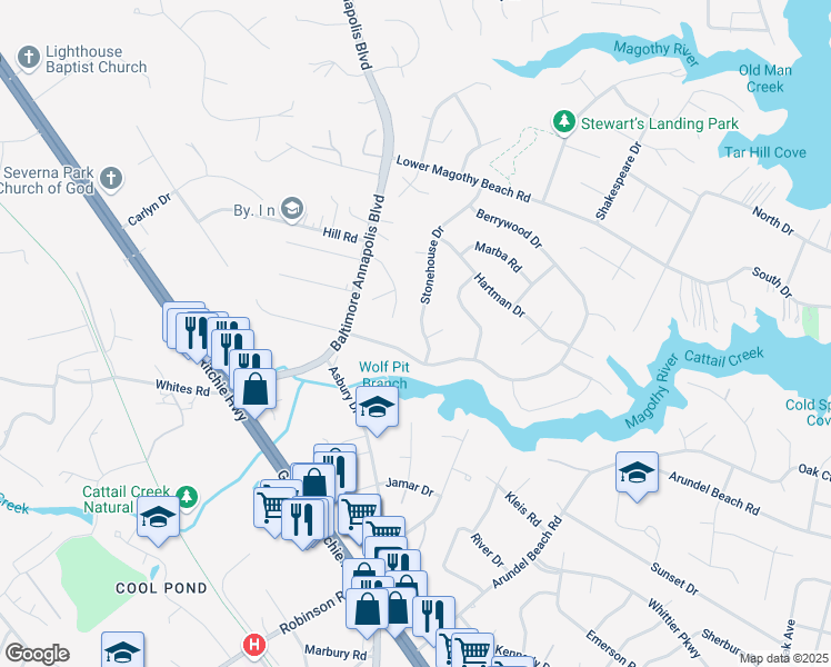 map of restaurants, bars, coffee shops, grocery stores, and more near 392 Stonehouse Drive in Severna Park
