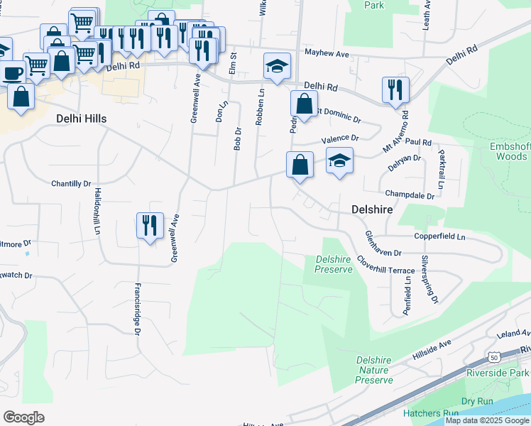 map of restaurants, bars, coffee shops, grocery stores, and more near 265 Pedretti Avenue in Cincinnati