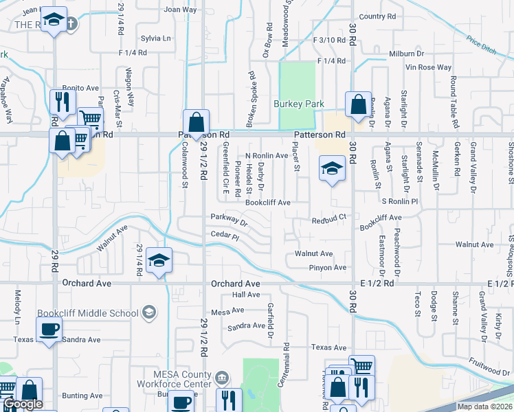 map of restaurants, bars, coffee shops, grocery stores, and more near 2963 Bookcliff Avenue in Grand Junction