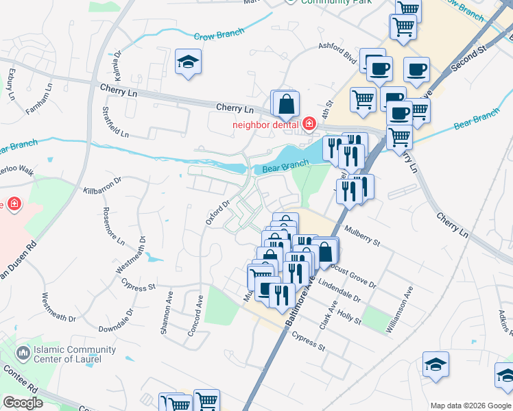 map of restaurants, bars, coffee shops, grocery stores, and more near 14312 Bowsprit Lane in Laurel