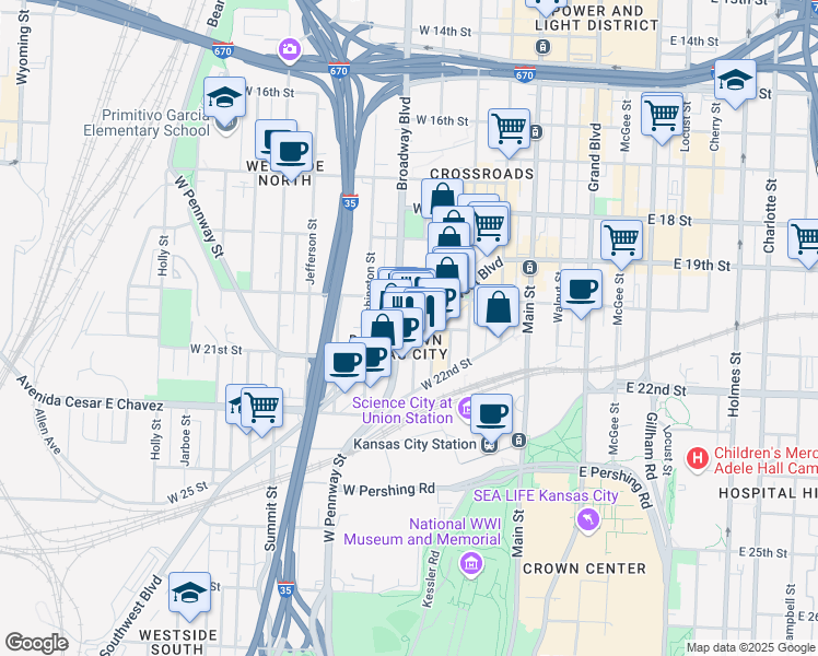 map of restaurants, bars, coffee shops, grocery stores, and more near in Kansas City