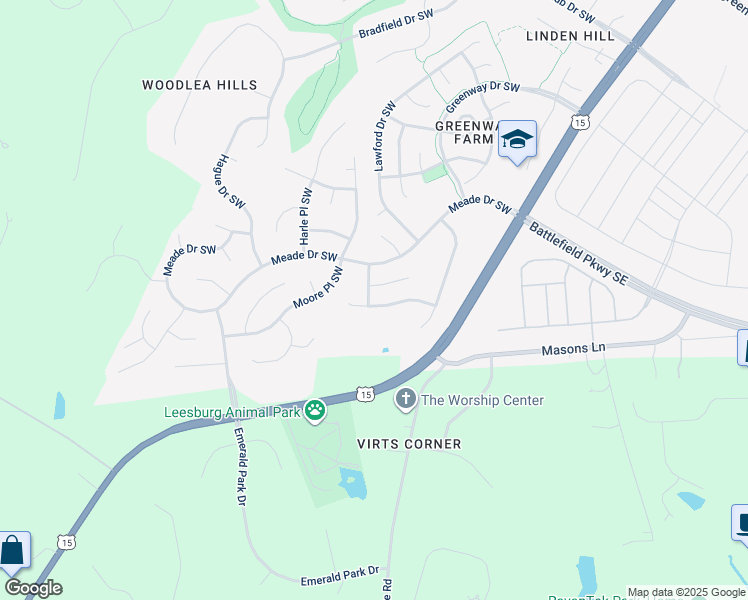 map of restaurants, bars, coffee shops, grocery stores, and more near 510 Fairfield Way Southwest in Leesburg