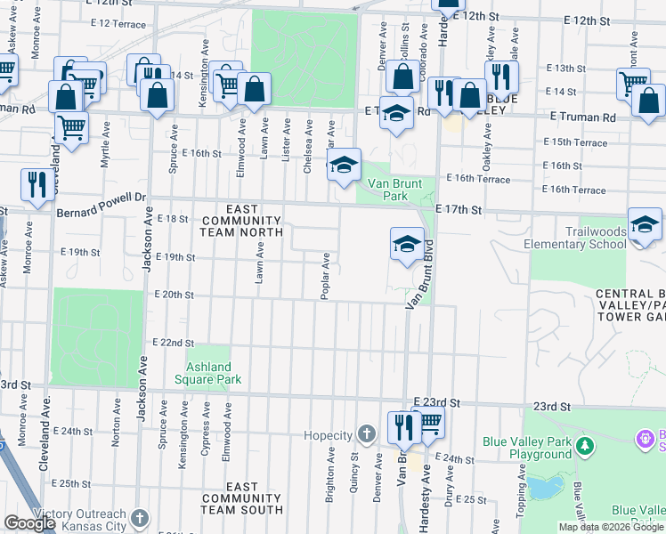 map of restaurants, bars, coffee shops, grocery stores, and more near 1835 Poplar Avenue in Kansas City