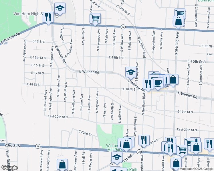 map of restaurants, bars, coffee shops, grocery stores, and more near 1721 South Ash Avenue in Independence
