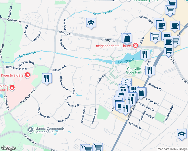 map of restaurants, bars, coffee shops, grocery stores, and more near 14235 Oakpointe Drive in Laurel