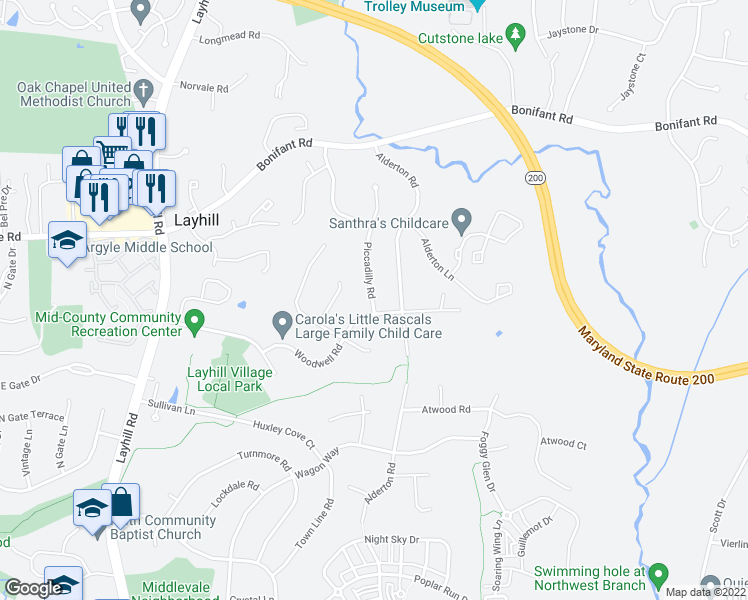 map of restaurants, bars, coffee shops, grocery stores, and more near 14205 Piccadilly Road in Silver Spring