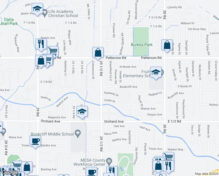 map of restaurants, bars, coffee shops, grocery stores, and more near 2955 Bookcliff Avenue in Grand Junction