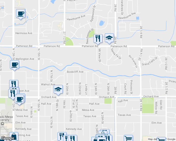 map of restaurants, bars, coffee shops, grocery stores, and more near 2310 Bookcliff Avenue in Grand Junction
