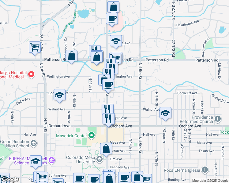 map of restaurants, bars, coffee shops, grocery stores, and more near 1240 Bookcliff Avenue in Grand Junction