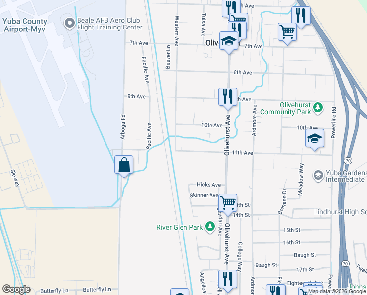 map of restaurants, bars, coffee shops, grocery stores, and more near 1653 11th Avenue in Olivehurst