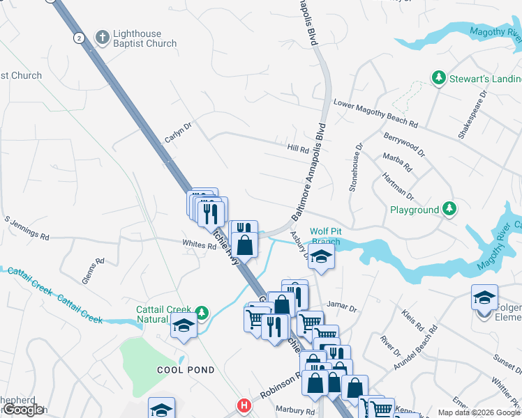map of restaurants, bars, coffee shops, grocery stores, and more near 105 Simmons Lane in Severna Park