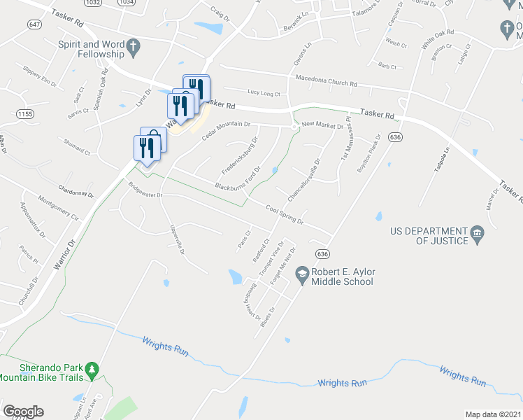 map of restaurants, bars, coffee shops, grocery stores, and more near 207 Cool Spring Drive in Stephens City