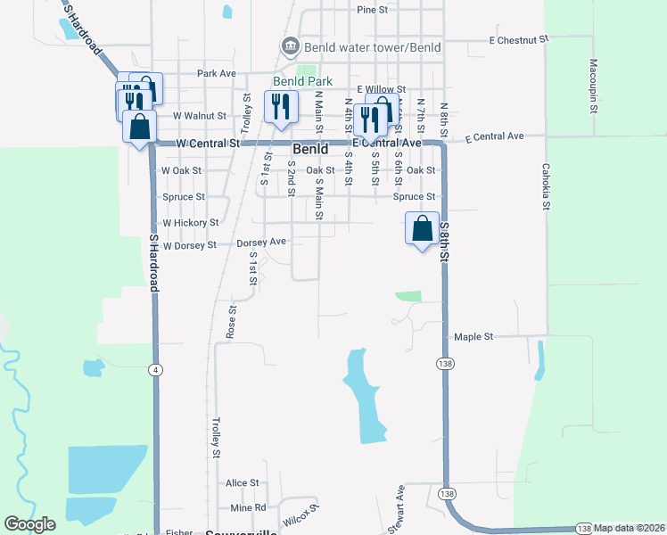 map of restaurants, bars, coffee shops, grocery stores, and more near 415 South Main Street in Benld