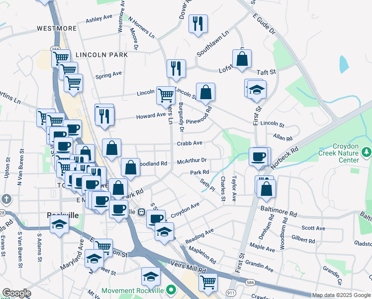 map of restaurants, bars, coffee shops, grocery stores, and more near 4 Burgundy Court in Rockville