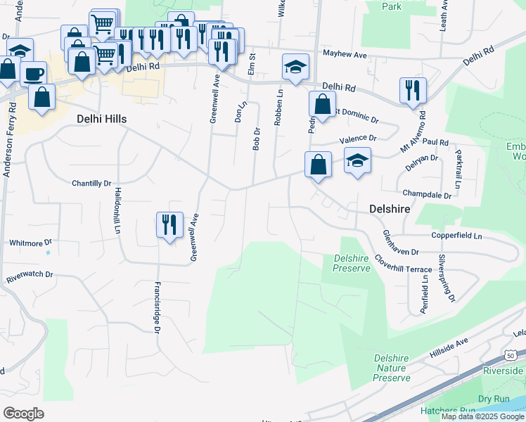 map of restaurants, bars, coffee shops, grocery stores, and more near 241 Cloverhill Terrace in Cincinnati