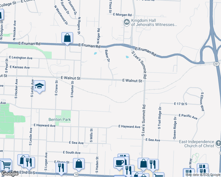 map of restaurants, bars, coffee shops, grocery stores, and more near 1531 Baker Circle in Independence