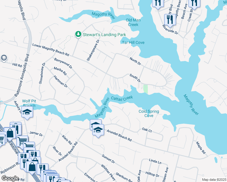 map of restaurants, bars, coffee shops, grocery stores, and more near 307 South Drive in Severna Park