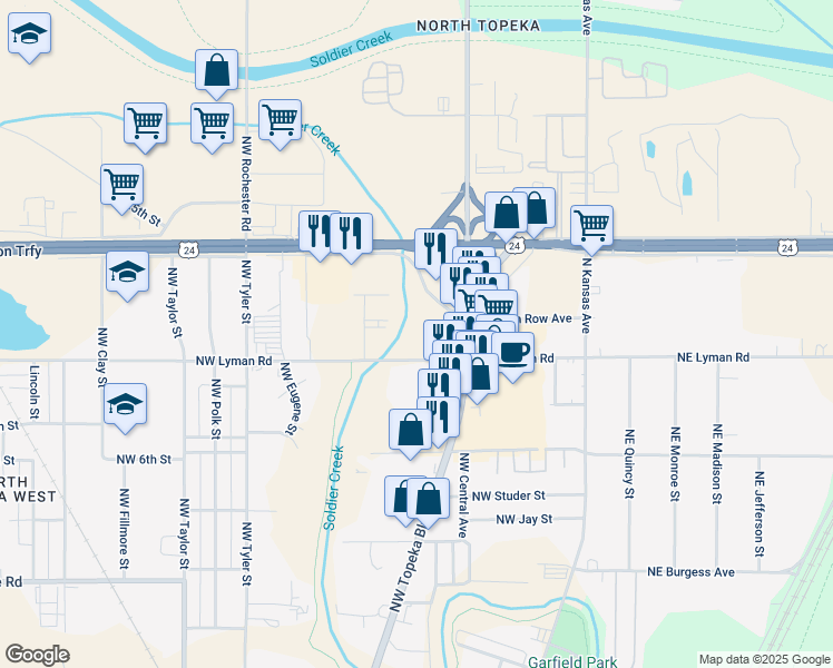 map of restaurants, bars, coffee shops, grocery stores, and more near 2111 Northwest Topeka Boulevard in Topeka