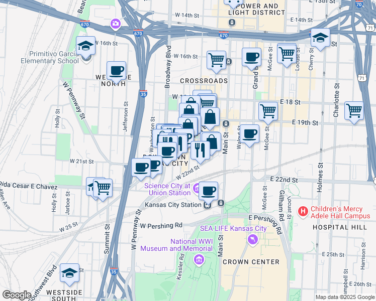 map of restaurants, bars, coffee shops, grocery stores, and more near 214 West 21st Street in Kansas City