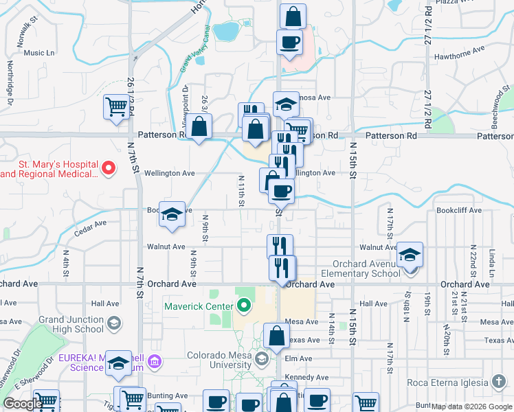 map of restaurants, bars, coffee shops, grocery stores, and more near 1156 Bookcliff Avenue in Grand Junction