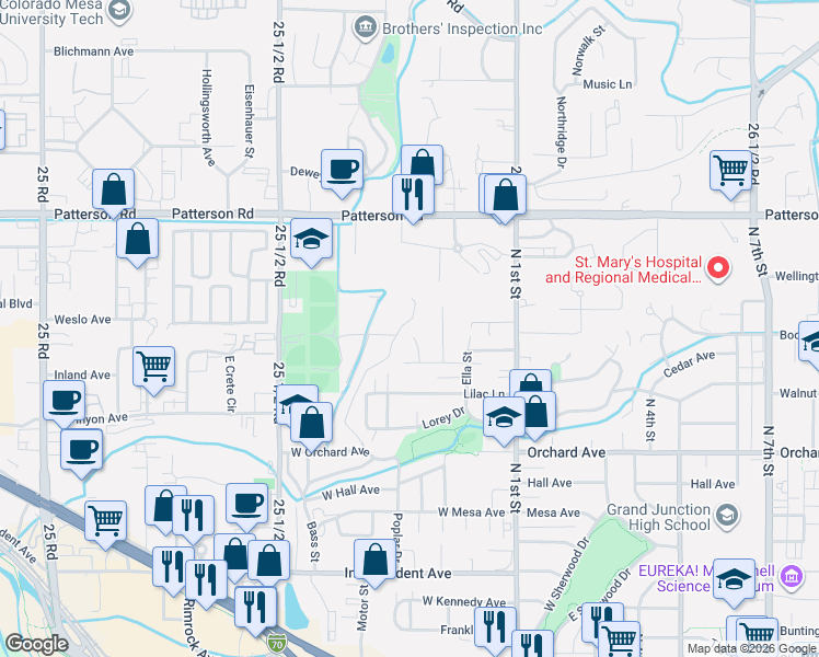 map of restaurants, bars, coffee shops, grocery stores, and more near 2246 Idella Court in Grand Junction