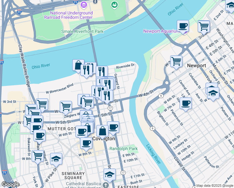 map of restaurants, bars, coffee shops, grocery stores, and more near 309 Garrard Street in Covington