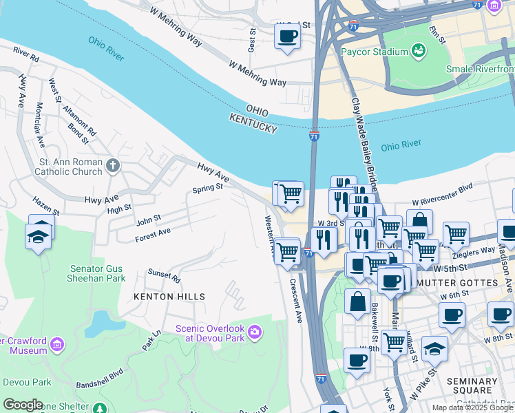 map of restaurants, bars, coffee shops, grocery stores, and more near 214 Wright Street in Covington