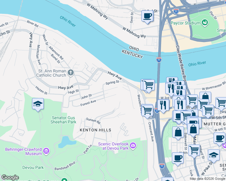 map of restaurants, bars, coffee shops, grocery stores, and more near 947 John Street in Covington