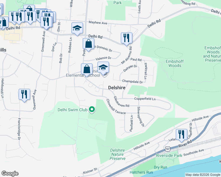 map of restaurants, bars, coffee shops, grocery stores, and more near in Delshire