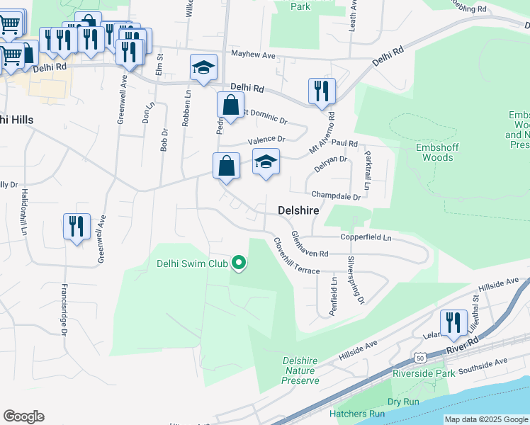 map of restaurants, bars, coffee shops, grocery stores, and more near 4398 Glenhaven Road in Cincinnati